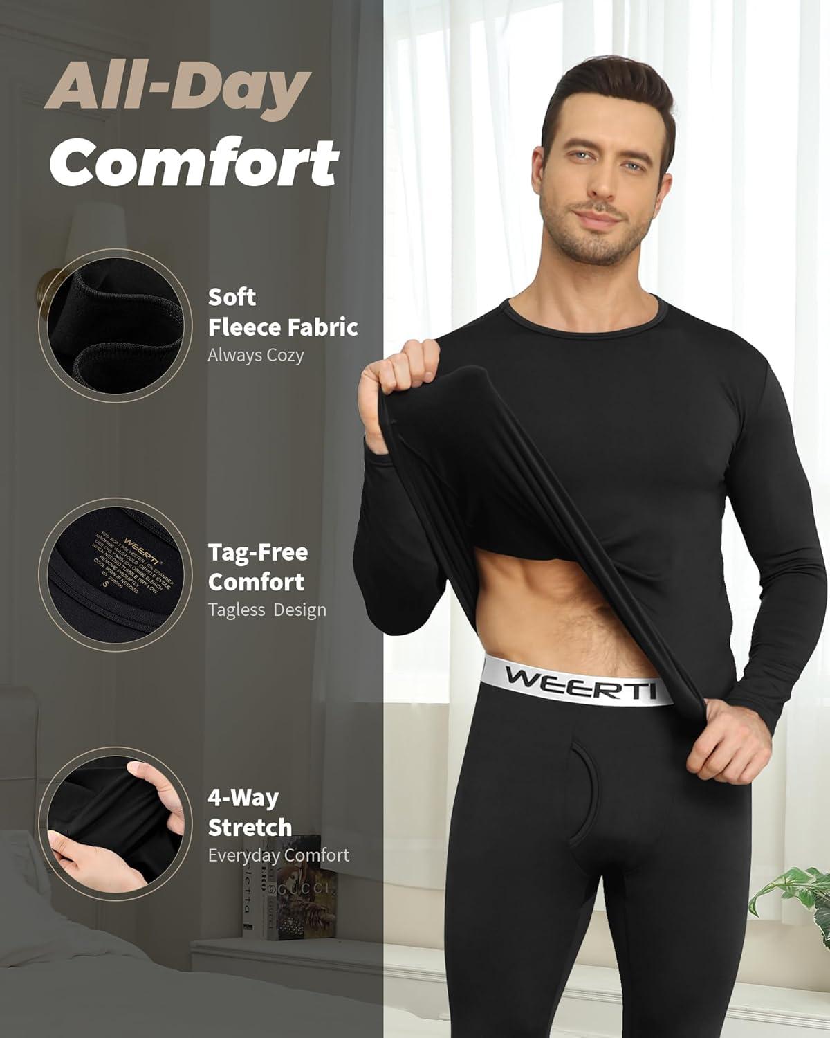 imageWEERTI Thermal Underwear for Men Long Johns with Fleece Lined Base Layer Men Cold Weather Top BottomBlack