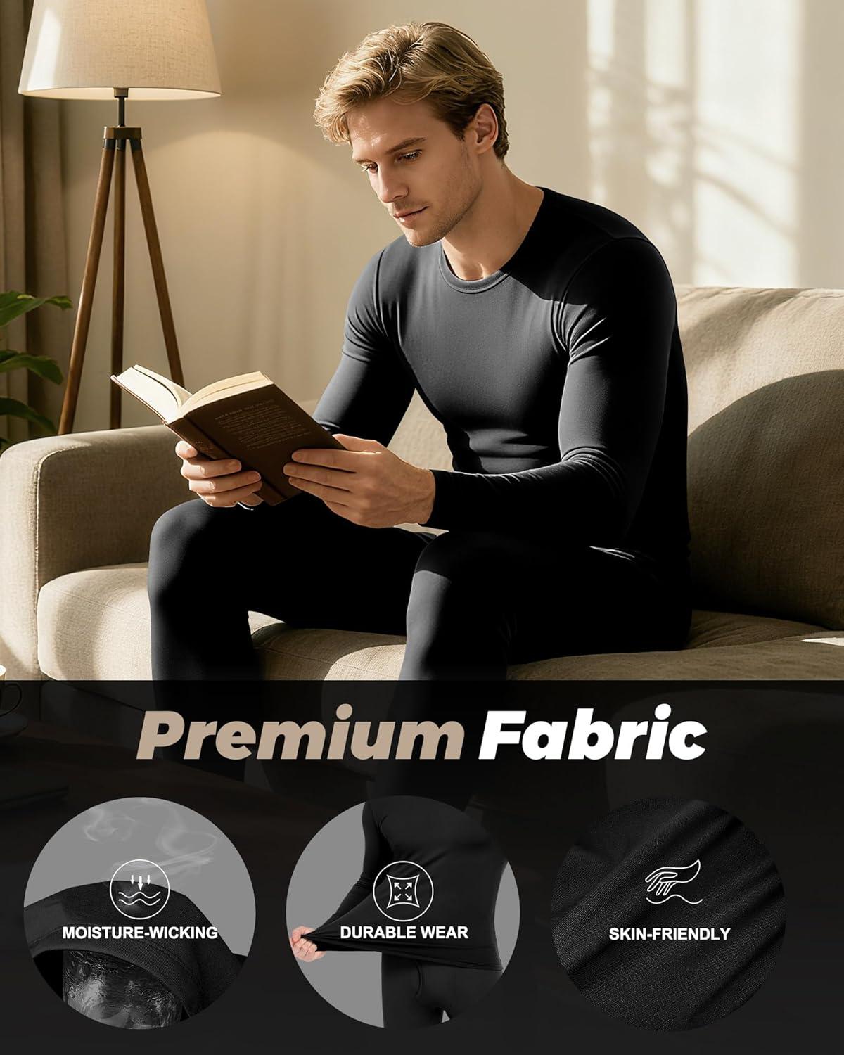 imageWEERTI Thermal Underwear for Men Long Johns with Fleece Lined Base Layer Men Cold Weather Top BottomBlack