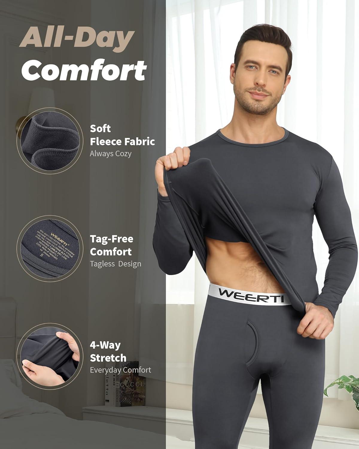 imageWEERTI Thermal Underwear for Men Long Johns with Fleece Lined Base Layer Men Cold Weather Top BottomCharcoal