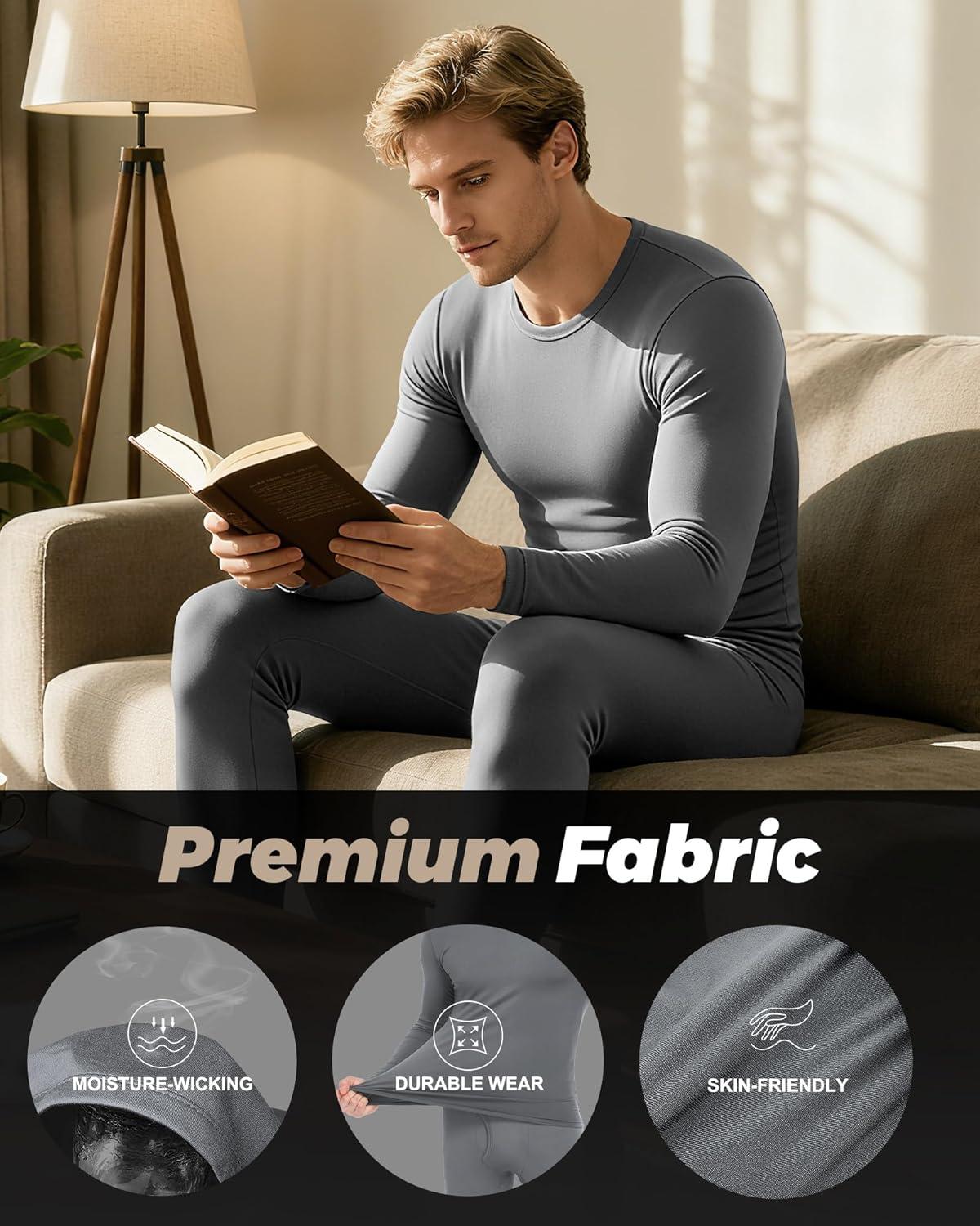 imageWEERTI Thermal Underwear for Men Long Johns with Fleece Lined Base Layer Men Cold Weather Top BottomGrey