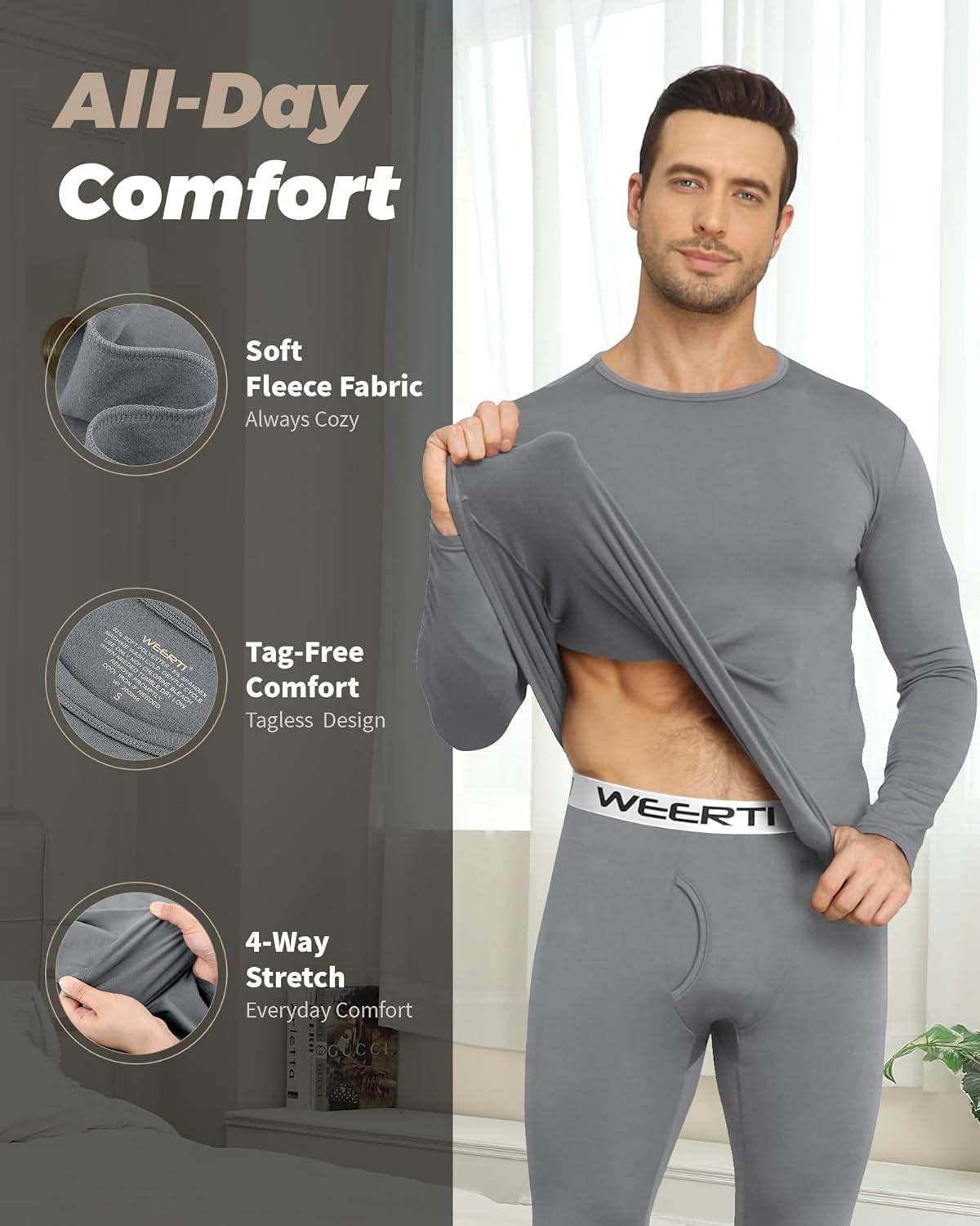 imageWEERTI Thermal Underwear for Men Long Johns with Fleece Lined Base Layer Men Cold Weather Top BottomGrey