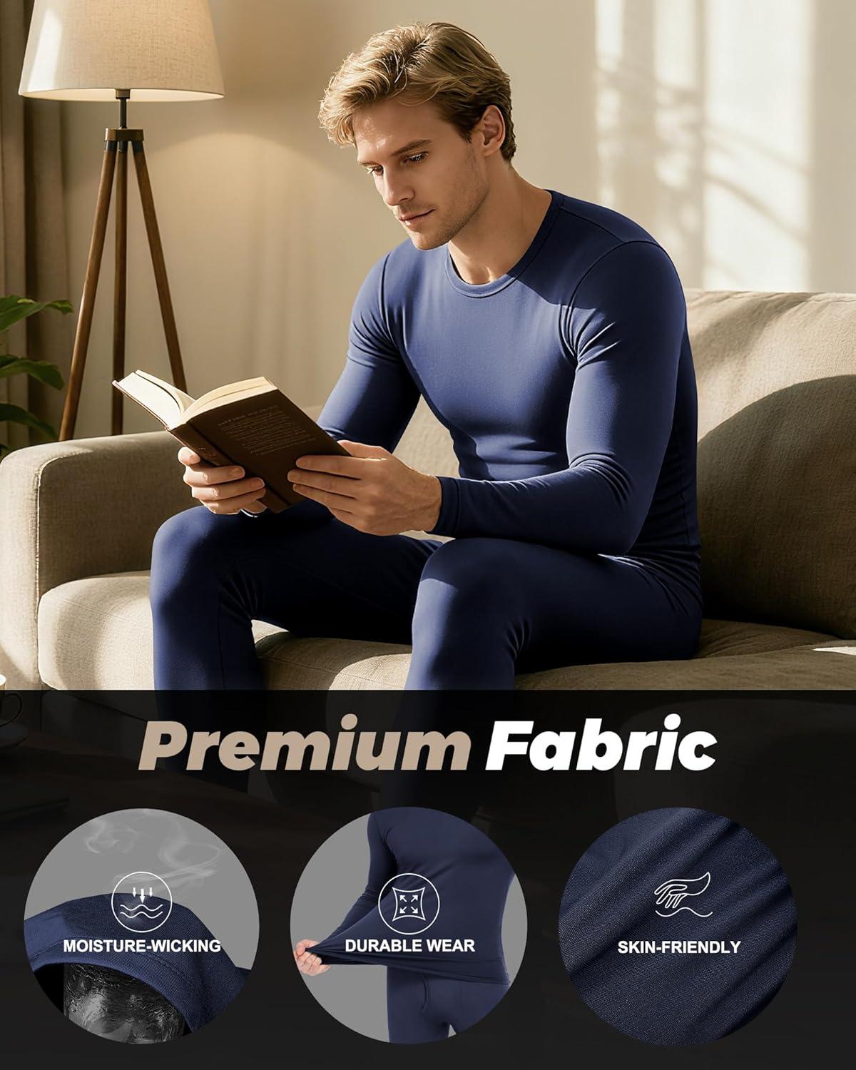 imageWEERTI Thermal Underwear for Men Long Johns with Fleece Lined Base Layer Men Cold Weather Top BottomNavy