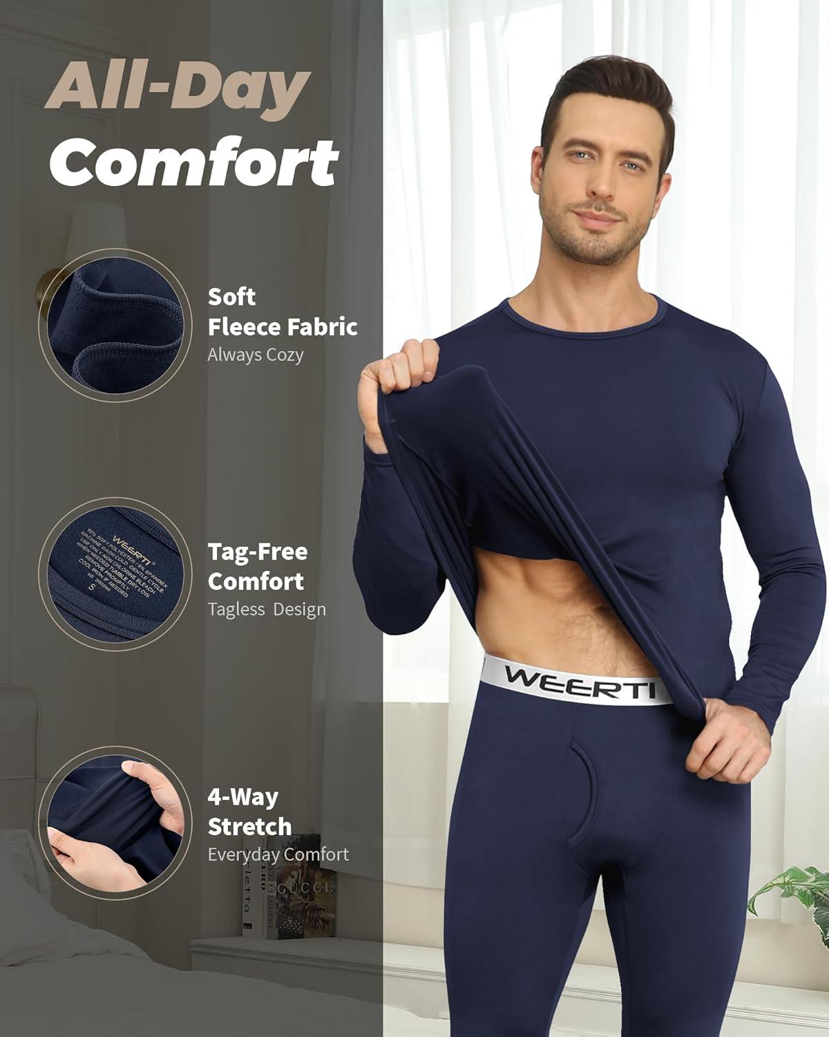 imageWEERTI Thermal Underwear for Men Long Johns with Fleece Lined Base Layer Men Cold Weather Top BottomNavy