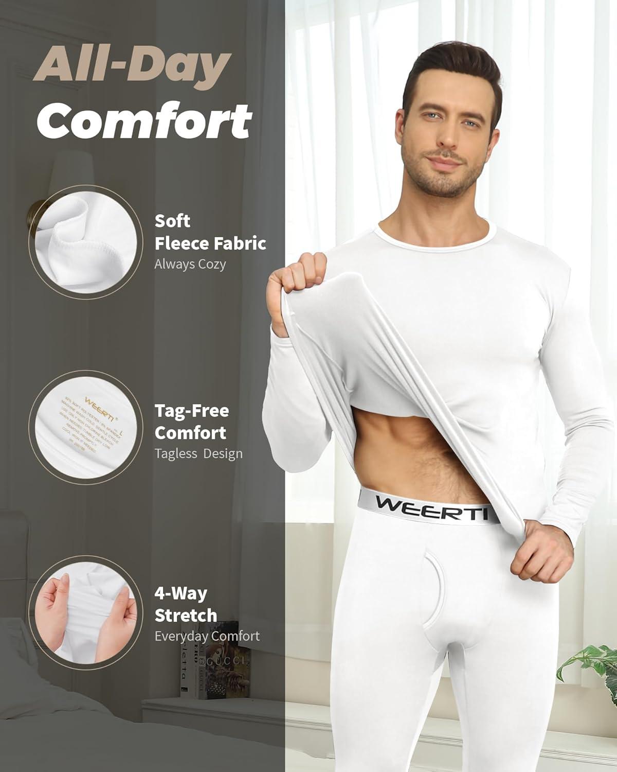 imageWEERTI Thermal Underwear for Men Long Johns with Fleece Lined Base Layer Men Cold Weather Top BottomWhite