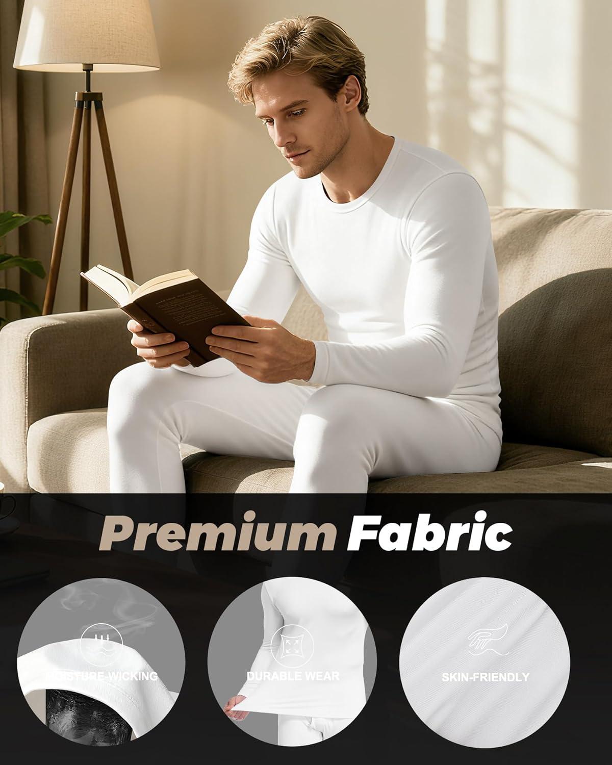 imageWEERTI Thermal Underwear for Men Long Johns with Fleece Lined Base Layer Men Cold Weather Top BottomWhite